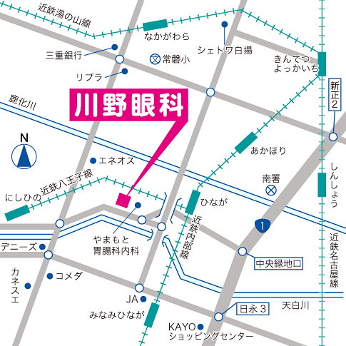 画像：周辺地図。日永駅を西へ約400メートル進んだところにあります。 
